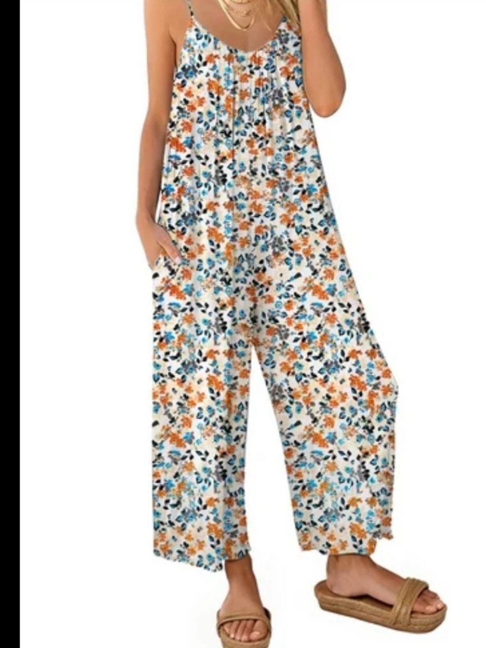 Women’s Floral Cream Spaghetti-Strap Jumpsuit with Orange & Navy Print  XXL. 512
